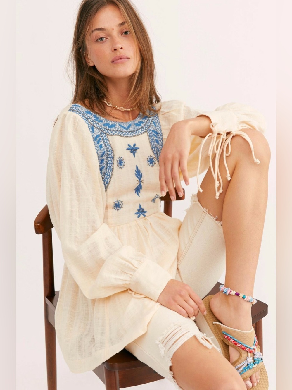 Free‎ People Bali Birdie Embroidered Tunic Top Blouse Gauze Size Large Boho